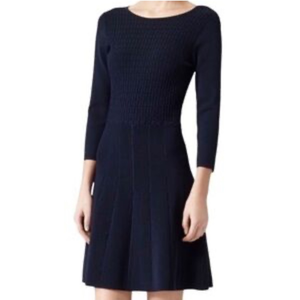 Reiss Jambo 3/4 Sleeve Fit & Flare Knit Dress Navy Size 6